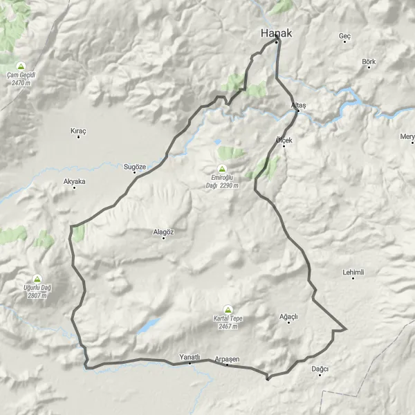 Map miniature of "Hanak to Tazeköy Road Route" cycling inspiration in Ağrı, Kars, Iğdır, Ardahan, Turkey. Generated by Tarmacs.app cycling route planner