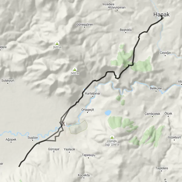 Map miniature of "Hanak to Ardahan Castle" cycling inspiration in Ağrı, Kars, Iğdır, Ardahan, Turkey. Generated by Tarmacs.app cycling route planner