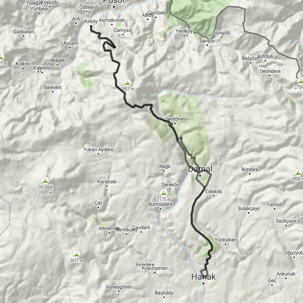 Map miniature of "Hanak to Kırköy" cycling inspiration in Ağrı, Kars, Iğdır, Ardahan, Turkey. Generated by Tarmacs.app cycling route planner