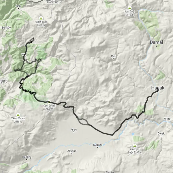 Map miniature of "Hanak to Pınarlı" cycling inspiration in Ağrı, Kars, Iğdır, Ardahan, Turkey. Generated by Tarmacs.app cycling route planner