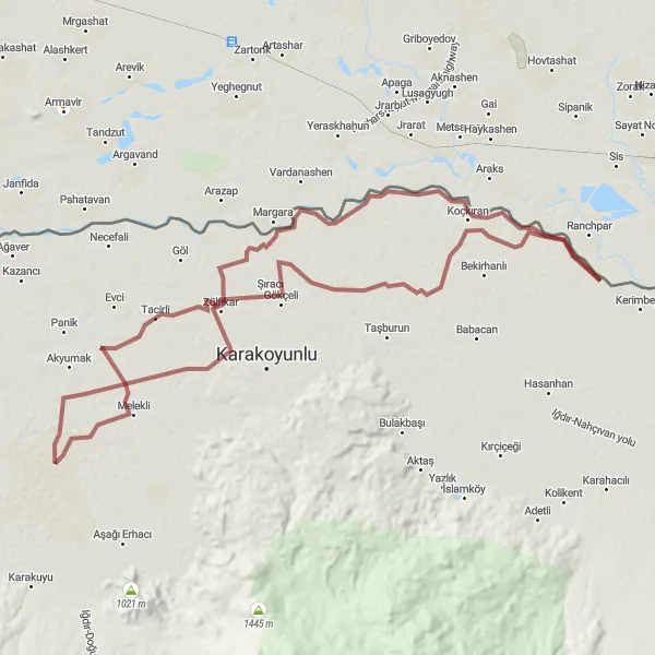 Map miniature of "Iğdır Gravel Adventure" cycling inspiration in Ağrı, Kars, Iğdır, Ardahan, Turkey. Generated by Tarmacs.app cycling route planner