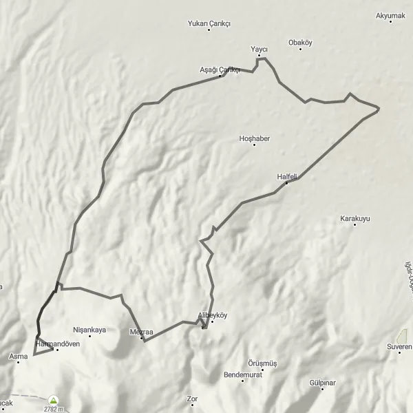 Map miniature of "Iğdır Halfeli Loop" cycling inspiration in Ağrı, Kars, Iğdır, Ardahan, Turkey. Generated by Tarmacs.app cycling route planner