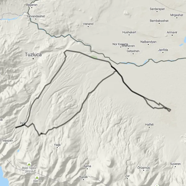 Map miniature of "Iğdır Hakveyis Loop" cycling inspiration in Ağrı, Kars, Iğdır, Ardahan, Turkey. Generated by Tarmacs.app cycling route planner