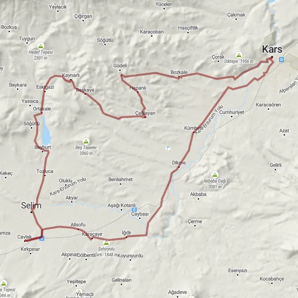 Map miniature of "Gravel Adventure in Kars" cycling inspiration in Ağrı, Kars, Iğdır, Ardahan, Turkey. Generated by Tarmacs.app cycling route planner