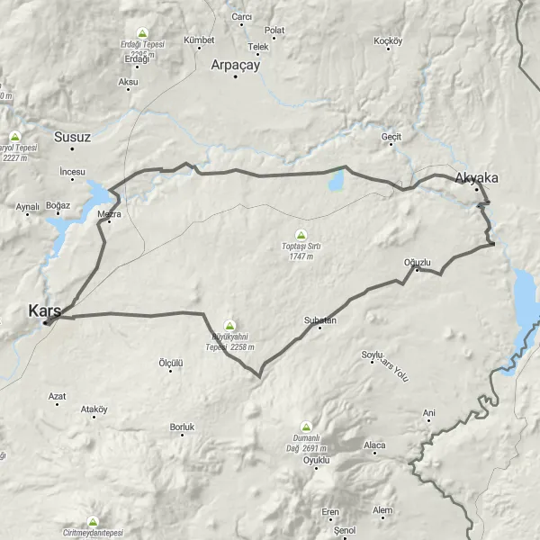 Map miniature of "Kars to Iğdır Loop" cycling inspiration in Ağrı, Kars, Iğdır, Ardahan, Turkey. Generated by Tarmacs.app cycling route planner