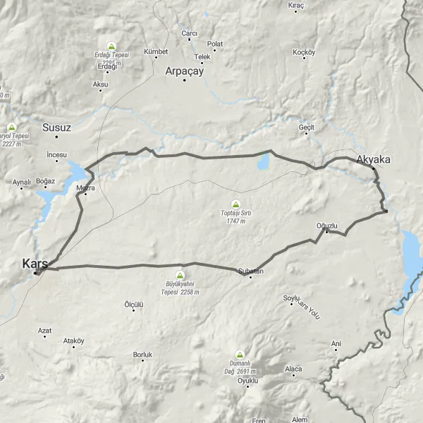 Map miniature of "Kars to Ardahan Loop" cycling inspiration in Ağrı, Kars, Iğdır, Ardahan, Turkey. Generated by Tarmacs.app cycling route planner