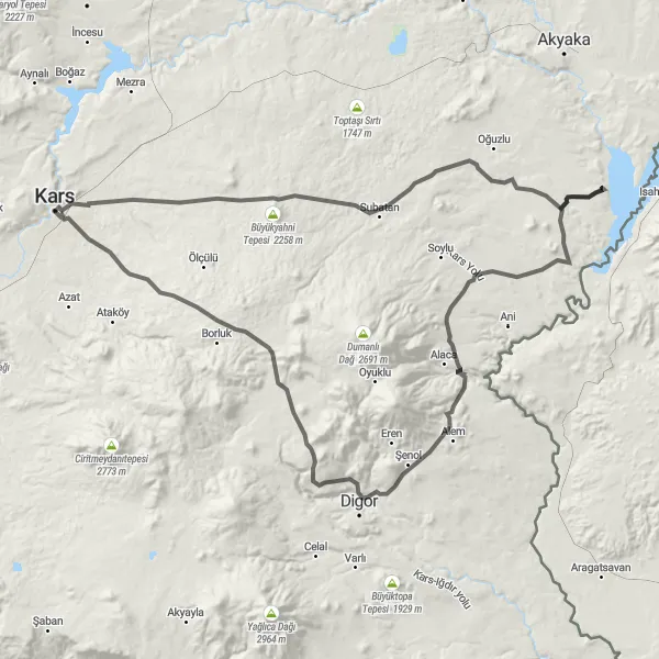 Map miniature of "Kars to Mağara Tepesi" cycling inspiration in Ağrı, Kars, Iğdır, Ardahan, Turkey. Generated by Tarmacs.app cycling route planner