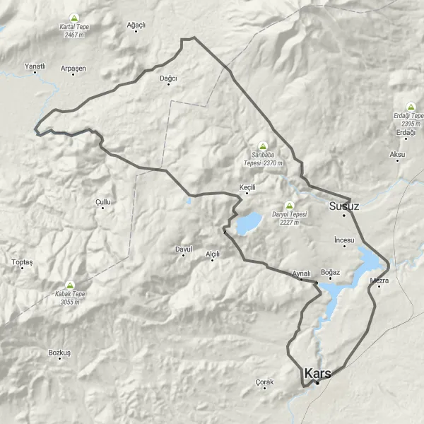 Map miniature of "Kars Circuit and Susuz Adventure" cycling inspiration in Ağrı, Kars, Iğdır, Ardahan, Turkey. Generated by Tarmacs.app cycling route planner