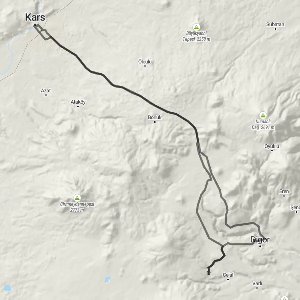 Map miniature of "Kars Castle Loop and Digor Exploration" cycling inspiration in Ağrı, Kars, Iğdır, Ardahan, Turkey. Generated by Tarmacs.app cycling route planner