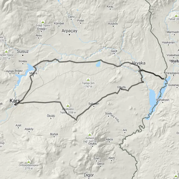 Map miniature of "Scenic Ardahan Adventure" cycling inspiration in Ağrı, Kars, Iğdır, Ardahan, Turkey. Generated by Tarmacs.app cycling route planner