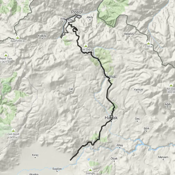 Map miniature of "Posof to Ardahan Cycling Route" cycling inspiration in Ağrı, Kars, Iğdır, Ardahan, Turkey. Generated by Tarmacs.app cycling route planner