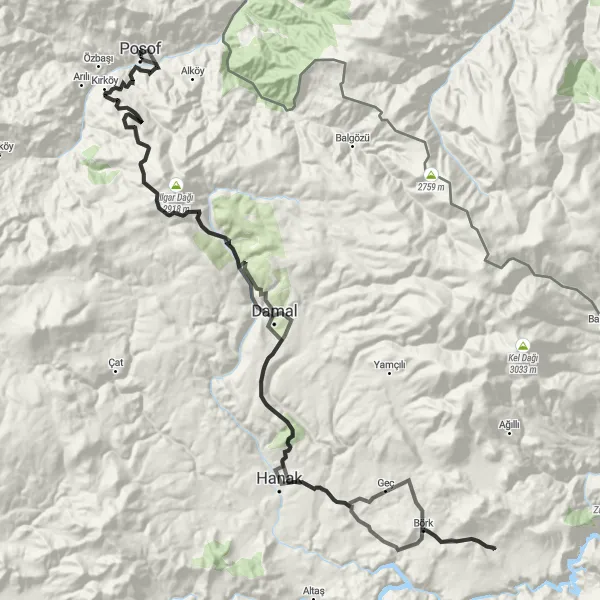 Map miniature of "Kırköy to Seyitören Cycling Route" cycling inspiration in Ağrı, Kars, Iğdır, Ardahan, Turkey. Generated by Tarmacs.app cycling route planner