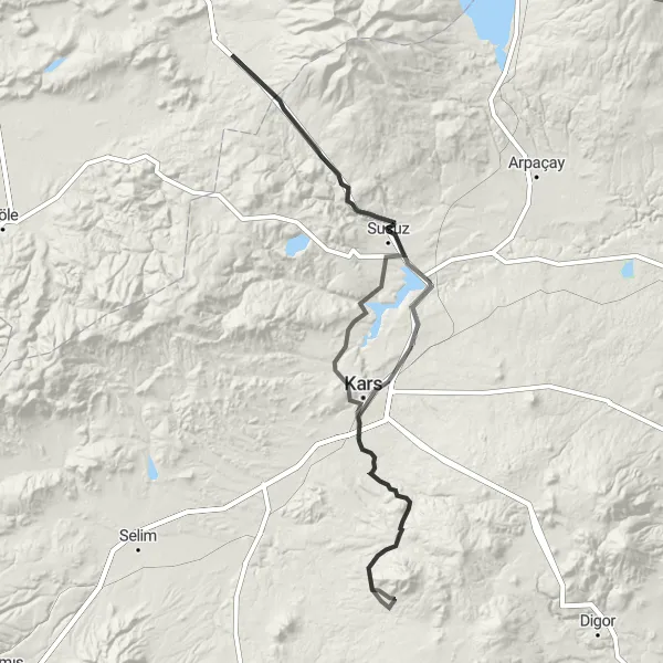 Map miniature of "Kars Discovery" cycling inspiration in Ağrı, Kars, Iğdır, Ardahan, Turkey. Generated by Tarmacs.app cycling route planner