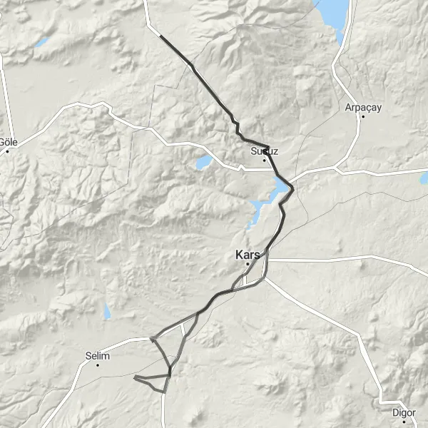 Map miniature of "Cycling Route near Susuz: Kars Loop" cycling inspiration in Ağrı, Kars, Iğdır, Ardahan, Turkey. Generated by Tarmacs.app cycling route planner
