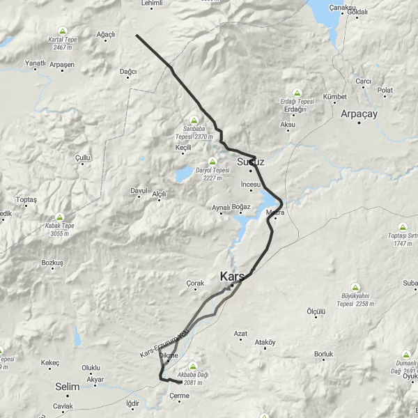 Map miniature of "Road Cycling Route to Yeni near Susuz" cycling inspiration in Ağrı, Kars, Iğdır, Ardahan, Turkey. Generated by Tarmacs.app cycling route planner