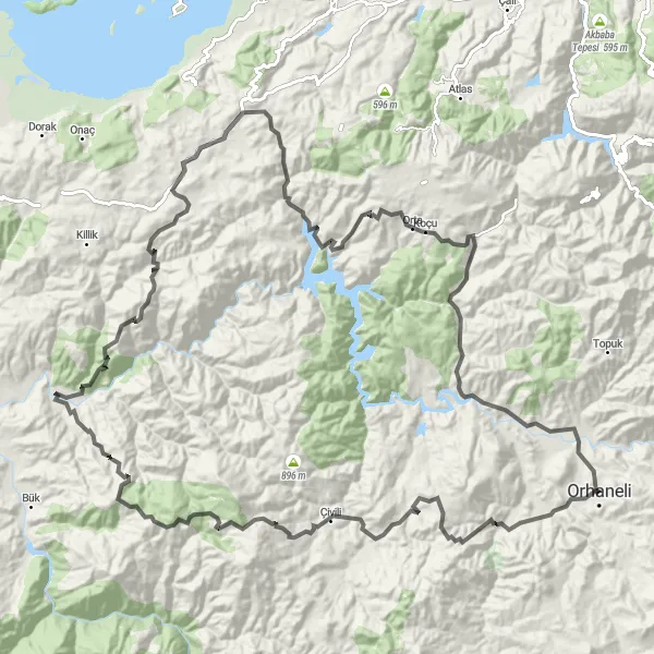 Map miniature of "Orhaneli To Çınarcık Loop" cycling inspiration in Bursa, Eskişehir, Bilecik, Turkey. Generated by Tarmacs.app cycling route planner