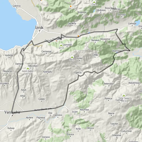 Map miniature of "Exploring the outskirts of Yenişehir" cycling inspiration in Bursa, Eskişehir, Bilecik, Turkey. Generated by Tarmacs.app cycling route planner