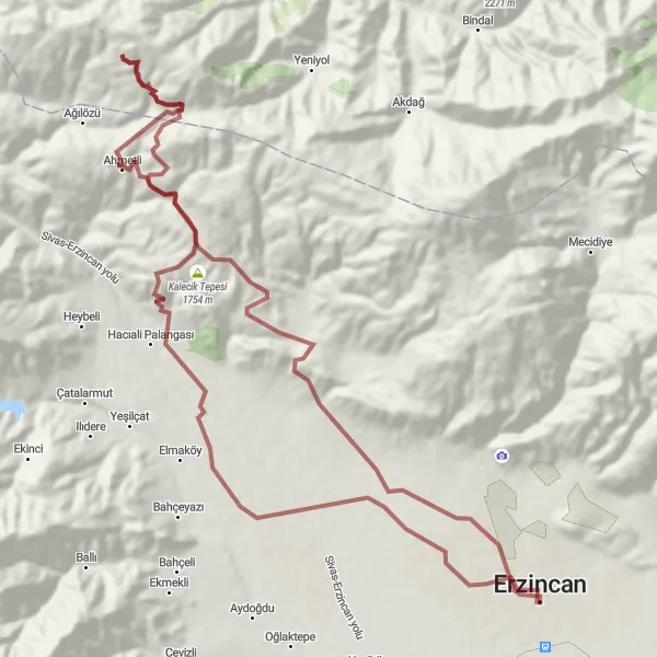 Map miniature of "Exploring Erzincan's Gravel Paths" cycling inspiration in Erzurum, Erzincan, Bayburt, Turkey. Generated by Tarmacs.app cycling route planner