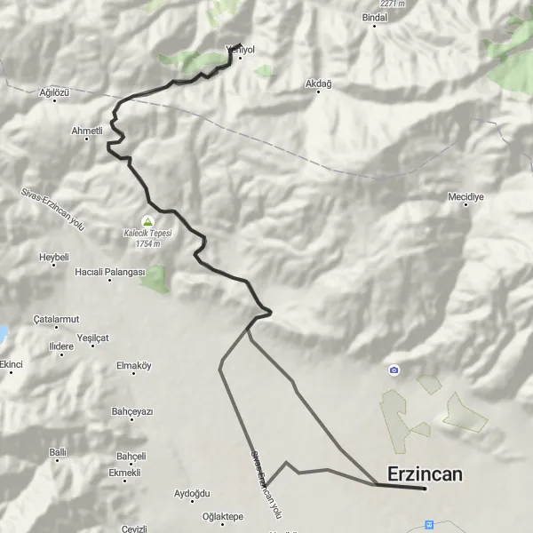 Map miniature of "Erzincan Loop via Kale Tepesi and Çarhanek Tepesi" cycling inspiration in Erzurum, Erzincan, Bayburt, Turkey. Generated by Tarmacs.app cycling route planner