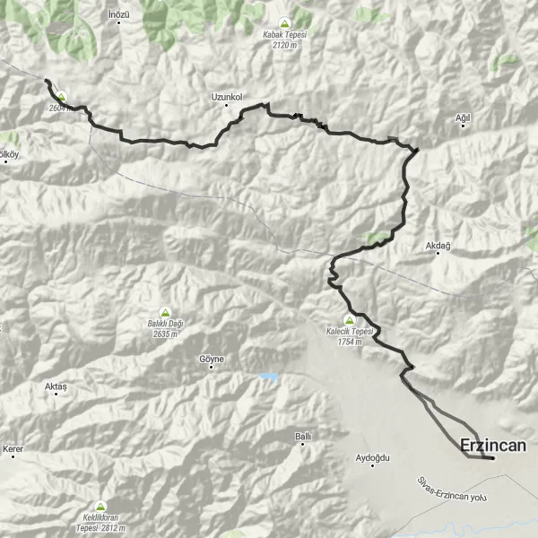 Map miniature of "Erzincan Loop via Kale Tepesi and Hozlar Tepesi" cycling inspiration in Erzurum, Erzincan, Bayburt, Turkey. Generated by Tarmacs.app cycling route planner