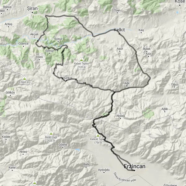 Map miniature of "Erzincan to Söğütlü Cycling Challenge" cycling inspiration in Erzurum, Erzincan, Bayburt, Turkey. Generated by Tarmacs.app cycling route planner