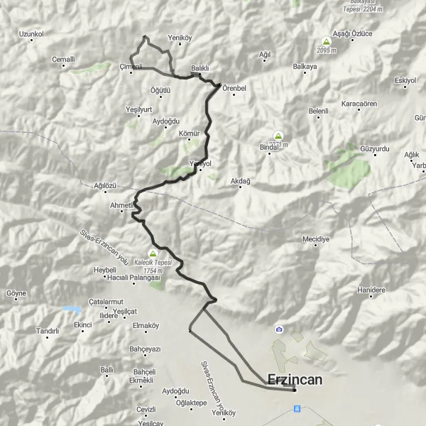 Map miniature of "Erzincan Loop: Scenic Beauty and Adventure" cycling inspiration in Erzurum, Erzincan, Bayburt, Turkey. Generated by Tarmacs.app cycling route planner