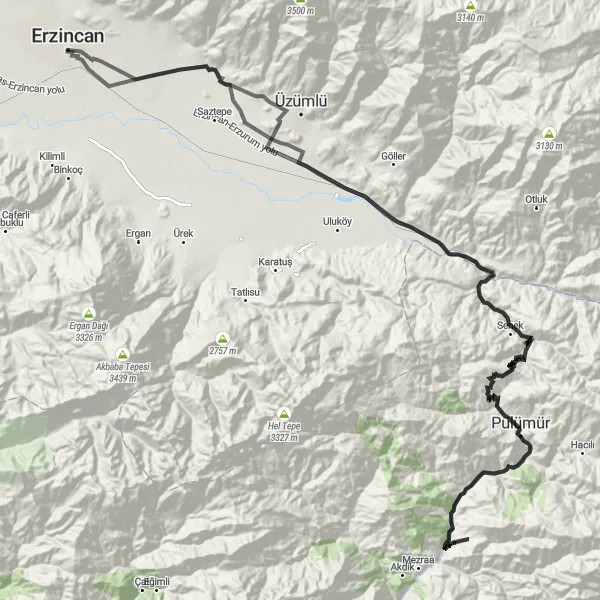 Map miniature of "The Pülümür Experience" cycling inspiration in Erzurum, Erzincan, Bayburt, Turkey. Generated by Tarmacs.app cycling route planner