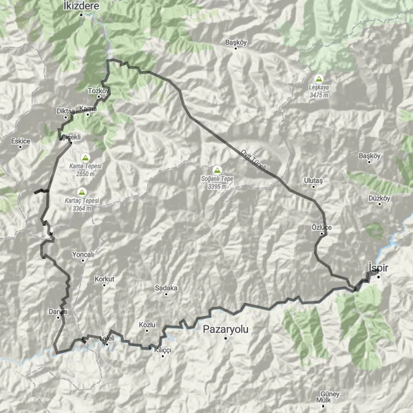 Map miniature of "The Ultimate İspir Cycling Challenge" cycling inspiration in Erzurum, Erzincan, Bayburt, Turkey. Generated by Tarmacs.app cycling route planner
