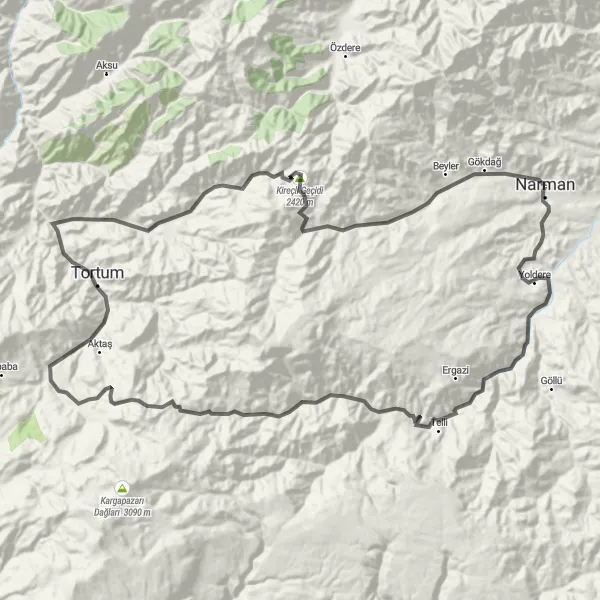 Map miniature of "Narman - Kılıç Tepeleri Loop" cycling inspiration in Erzurum, Erzincan, Bayburt, Turkey. Generated by Tarmacs.app cycling route planner