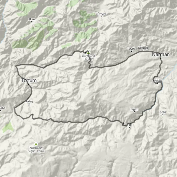 Map miniature of "Narman - Kılıç Tepeleri Loop 2" cycling inspiration in Erzurum, Erzincan, Bayburt, Turkey. Generated by Tarmacs.app cycling route planner