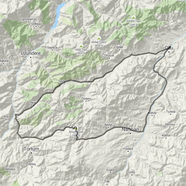Map miniature of "Narman - Yukarı Sivri Loop 2" cycling inspiration in Erzurum, Erzincan, Bayburt, Turkey. Generated by Tarmacs.app cycling route planner