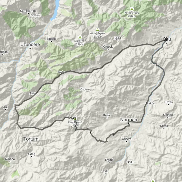 Map miniature of "Sivri Summit Road Ride" cycling inspiration in Erzurum, Erzincan, Bayburt, Turkey. Generated by Tarmacs.app cycling route planner