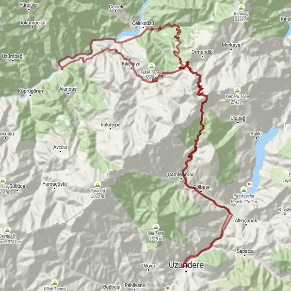 Map miniature of "Uzundere to Çaybaşı via Nalçabaşı Dağı" cycling inspiration in Erzurum, Erzincan, Bayburt, Turkey. Generated by Tarmacs.app cycling route planner