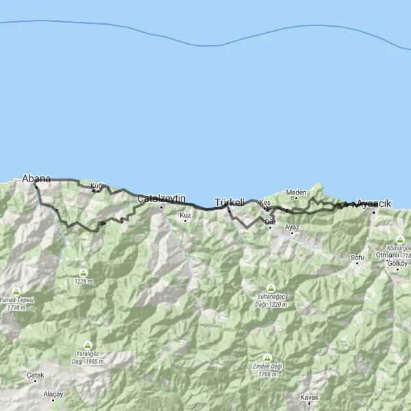 Map miniature of "Abana-Ayancık Loop" cycling inspiration in Kastamonu, Çankırı, Sinop, Turkey. Generated by Tarmacs.app cycling route planner