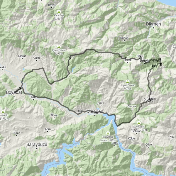 Map miniature of "Boyabat to Durağan Epic Ride" cycling inspiration in Kastamonu, Çankırı, Sinop, Turkey. Generated by Tarmacs.app cycling route planner