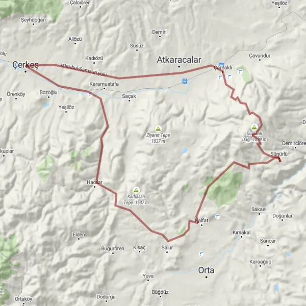 Map miniature of "The Gravel Adventure of Dumanl Draw" cycling inspiration in Kastamonu, Çankırı, Sinop, Turkey. Generated by Tarmacs.app cycling route planner