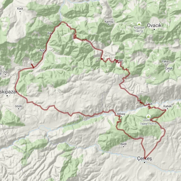 Map miniature of "Conquer the Uzundere Tepesi" cycling inspiration in Kastamonu, Çankırı, Sinop, Turkey. Generated by Tarmacs.app cycling route planner