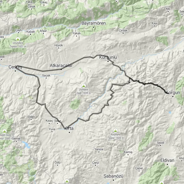 Map miniature of "Scenic Beauty of Çerkeş" cycling inspiration in Kastamonu, Çankırı, Sinop, Turkey. Generated by Tarmacs.app cycling route planner