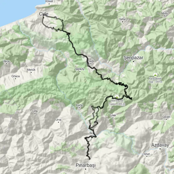 Map miniature of "Cide to Ilıca Route" cycling inspiration in Kastamonu, Çankırı, Sinop, Turkey. Generated by Tarmacs.app cycling route planner