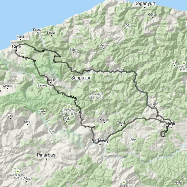 Map miniature of "Kastamonu to Cide Adventure" cycling inspiration in Kastamonu, Çankırı, Sinop, Turkey. Generated by Tarmacs.app cycling route planner