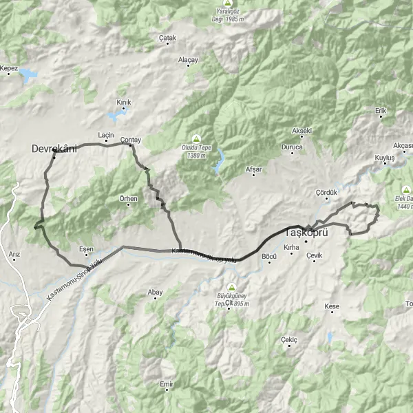 Map miniature of "Devrekani to Taşköprü Loop" cycling inspiration in Kastamonu, Çankırı, Sinop, Turkey. Generated by Tarmacs.app cycling route planner