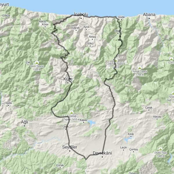 Map miniature of "Devrekani to İnebolu Loop" cycling inspiration in Kastamonu, Çankırı, Sinop, Turkey. Generated by Tarmacs.app cycling route planner