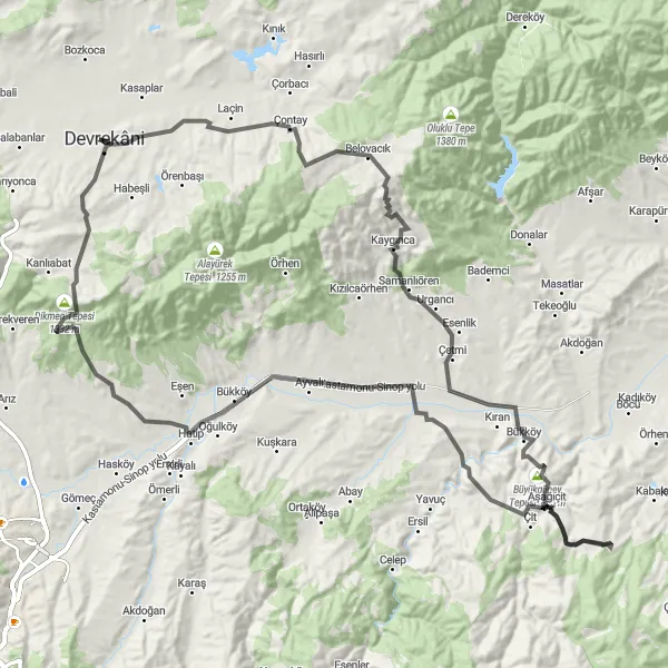 Map miniature of "Devrekani to Büyükgüney Tepesi Loop" cycling inspiration in Kastamonu, Çankırı, Sinop, Turkey. Generated by Tarmacs.app cycling route planner