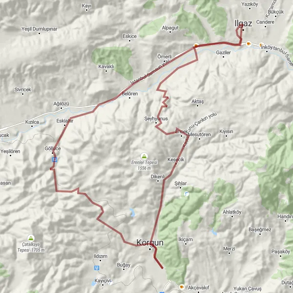 Map miniature of "Ilgaz Gravel Adventure" cycling inspiration in Kastamonu, Çankırı, Sinop, Turkey. Generated by Tarmacs.app cycling route planner