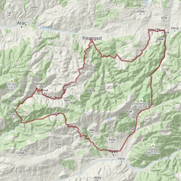 Map miniature of "Ilgaz Round-Trip Gravel Cycling Route" cycling inspiration in Kastamonu, Çankırı, Sinop, Turkey. Generated by Tarmacs.app cycling route planner