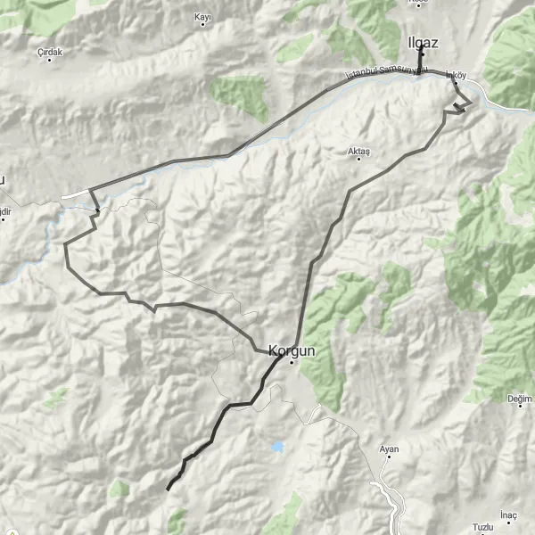 Map miniature of "Scenic Road Cycling Exploration of Oluk Dağı" cycling inspiration in Kastamonu, Çankırı, Sinop, Turkey. Generated by Tarmacs.app cycling route planner