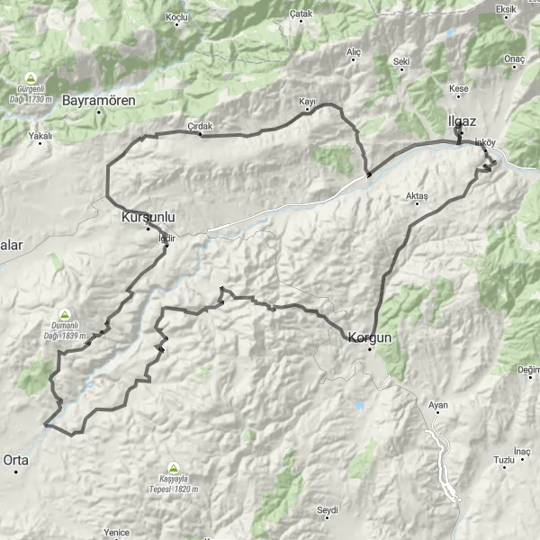 Map miniature of "Challenging Road Ride with Stunning Views" cycling inspiration in Kastamonu, Çankırı, Sinop, Turkey. Generated by Tarmacs.app cycling route planner