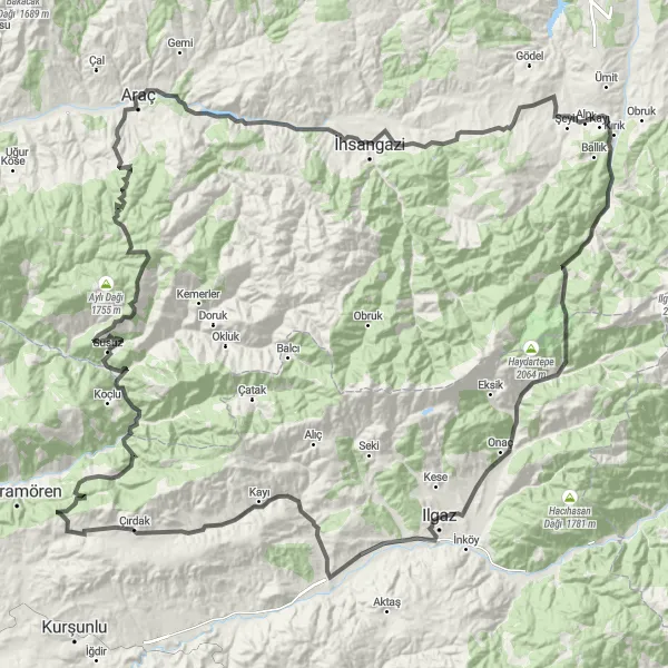 Map miniature of "Ilgaz - Kastamonu - Çankırı - Sinop Round-trip" cycling inspiration in Kastamonu, Çankırı, Sinop, Turkey. Generated by Tarmacs.app cycling route planner