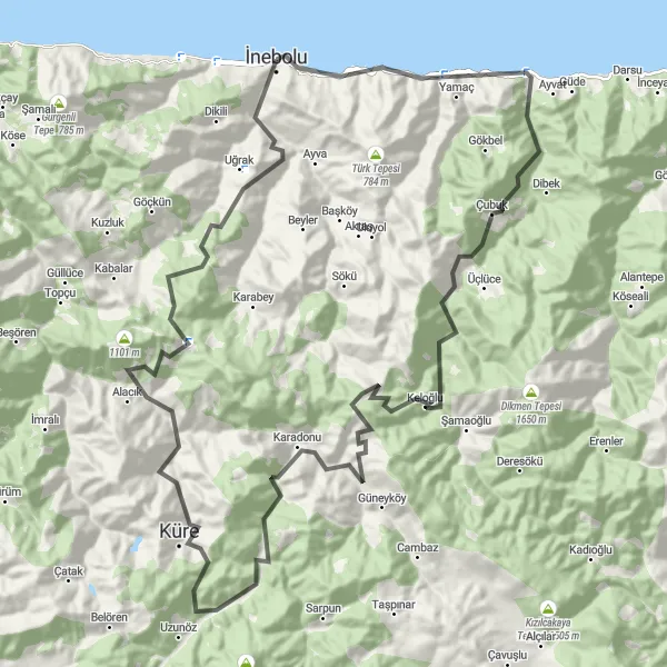 Map miniature of "İnebolu and Yakaboyu Loop" cycling inspiration in Kastamonu, Çankırı, Sinop, Turkey. Generated by Tarmacs.app cycling route planner