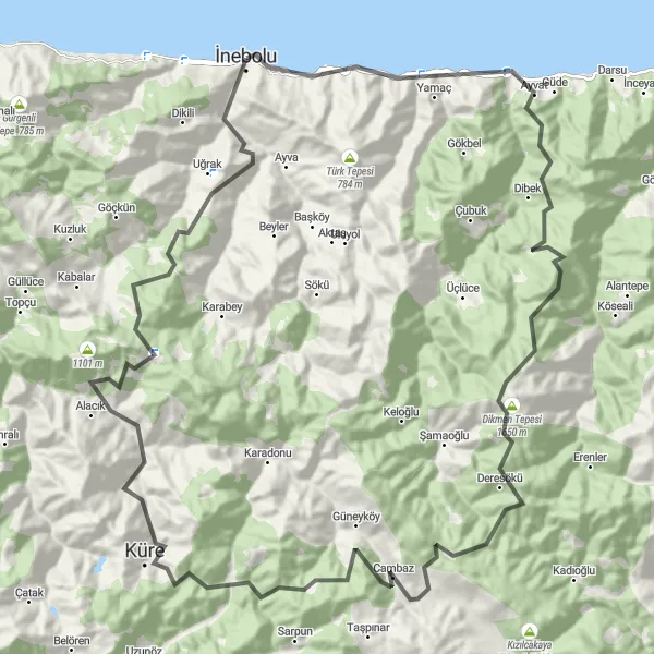 Map miniature of "İnebolu Loop Cycling Route" cycling inspiration in Kastamonu, Çankırı, Sinop, Turkey. Generated by Tarmacs.app cycling route planner